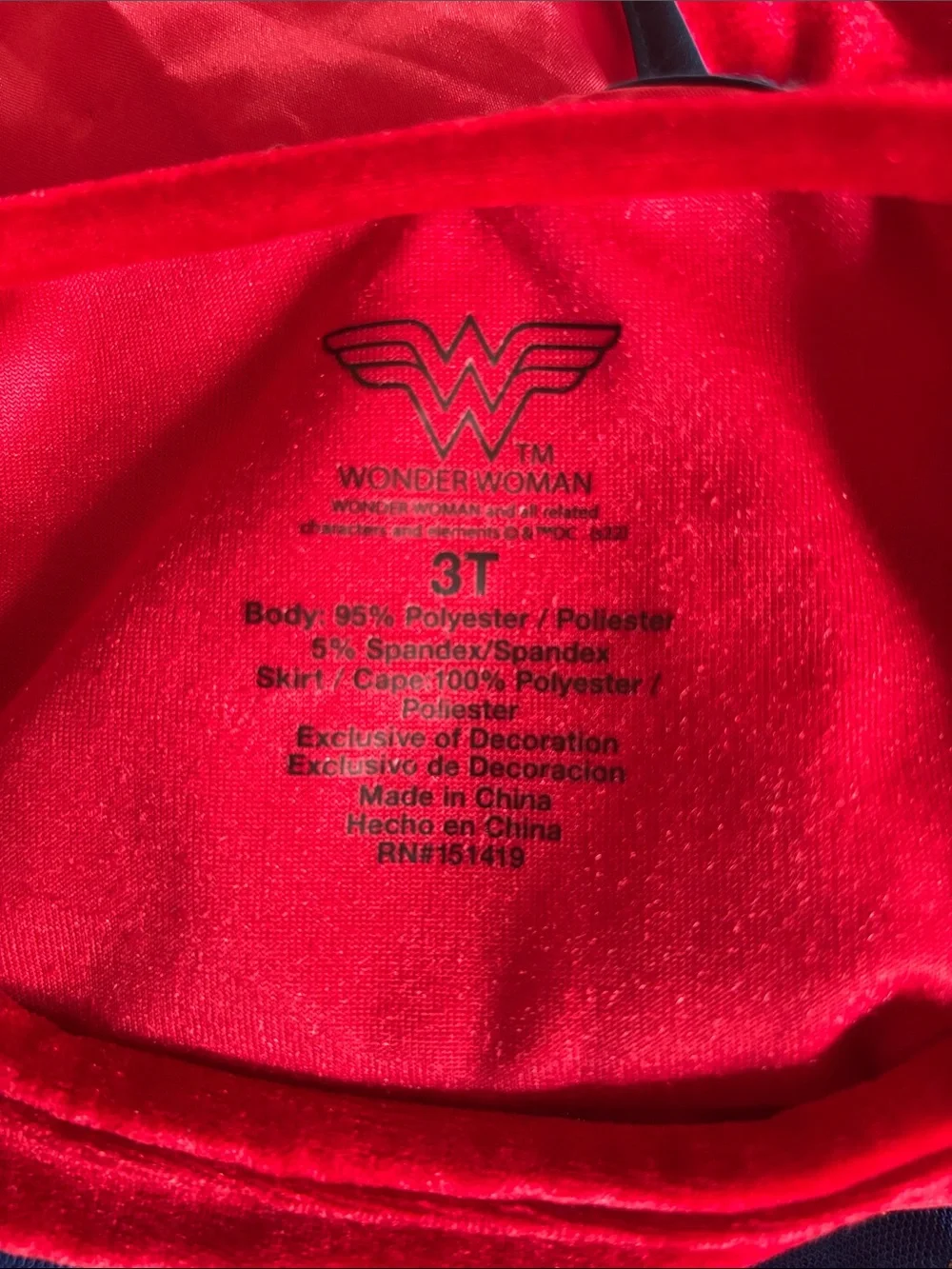 Wonder Woman Toddler 3T Velvet Dress Crinoline Skirt Attached Cape Logo Dress Up